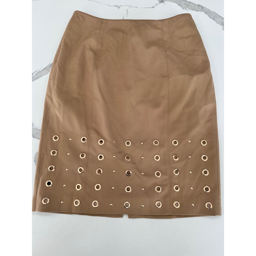 White House Black Market Camel Tan Grommet Stud Pencil Skirt Size 2‎ Gold Detail